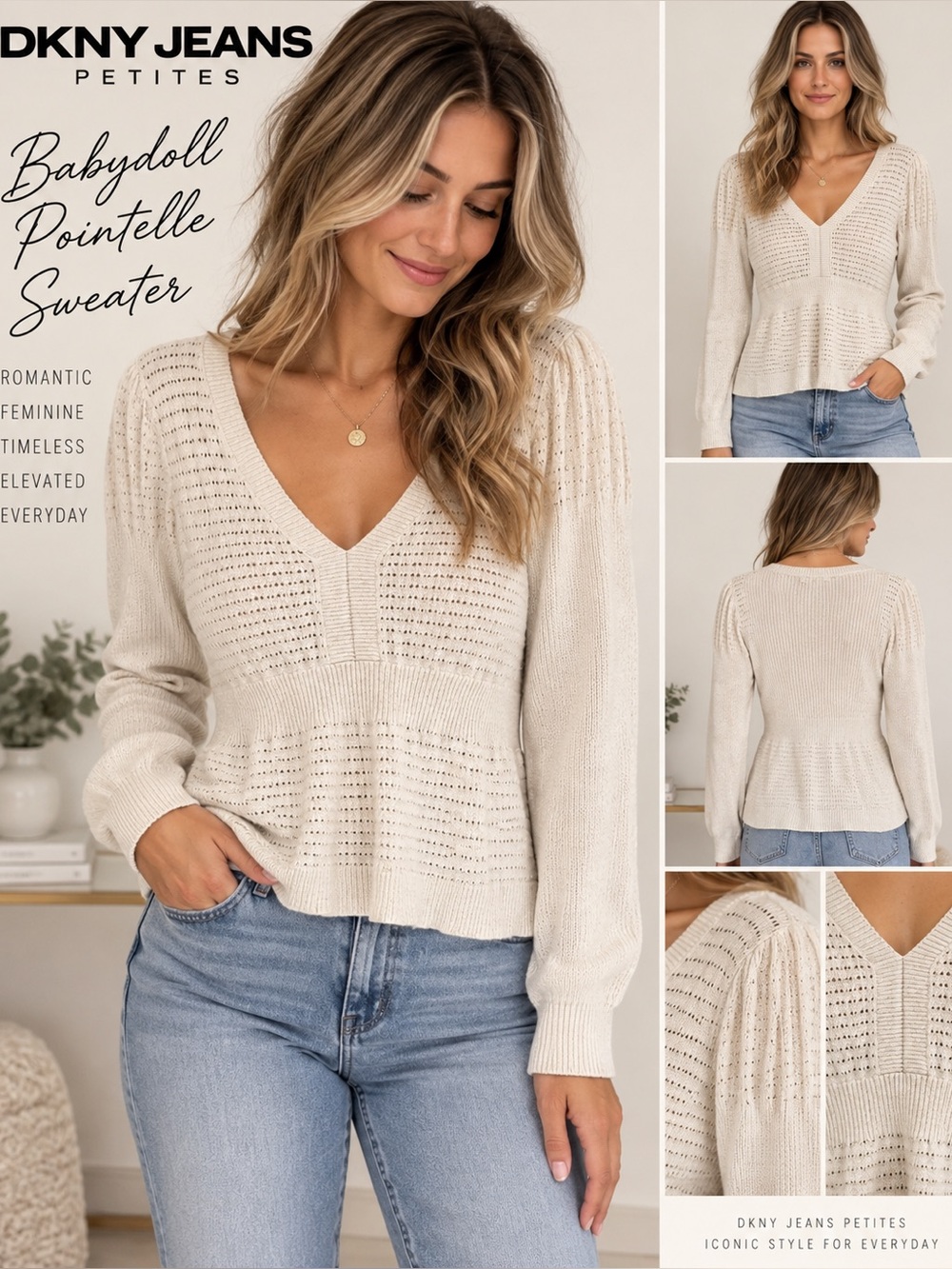 DKNY Jeans Petites L Cream Pointelle Babydoll V Neck Sweater Romantic Knit K28